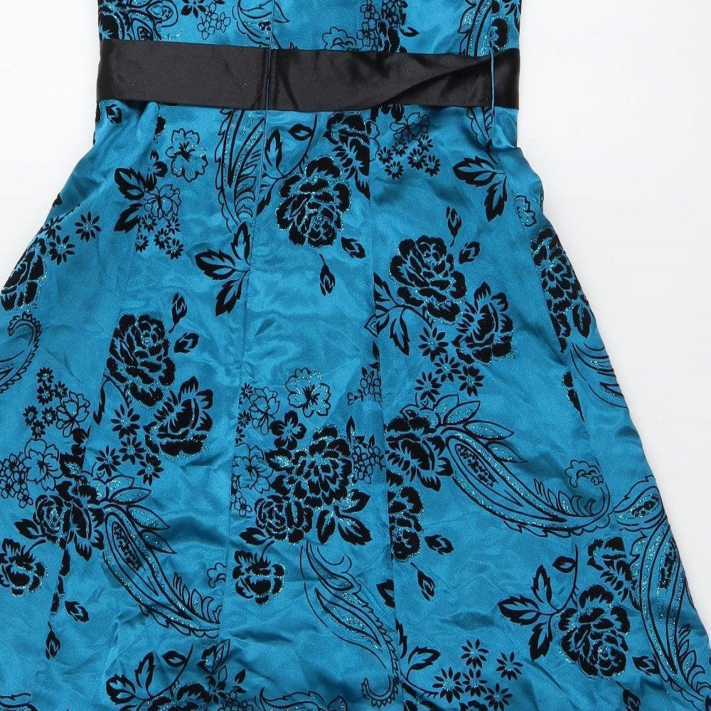 Morgan & Co. Womens Blue Floral Polyester A-Line Size 6 Off the Shoulder Zip