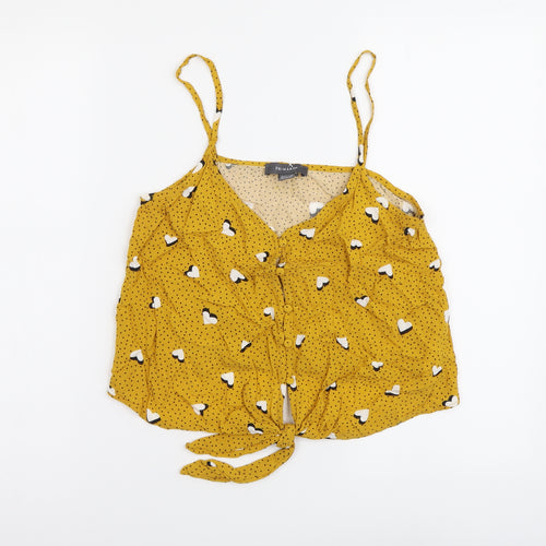 Primark Womens Yellow Geometric Viscose Cropped Button-Up Size 10 V-Neck - Hearts