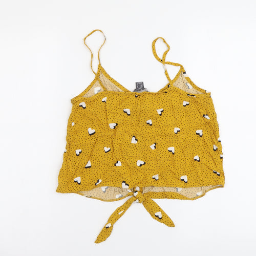 Primark Womens Yellow Geometric Viscose Cropped Button-Up Size 10 V-Neck - Hearts