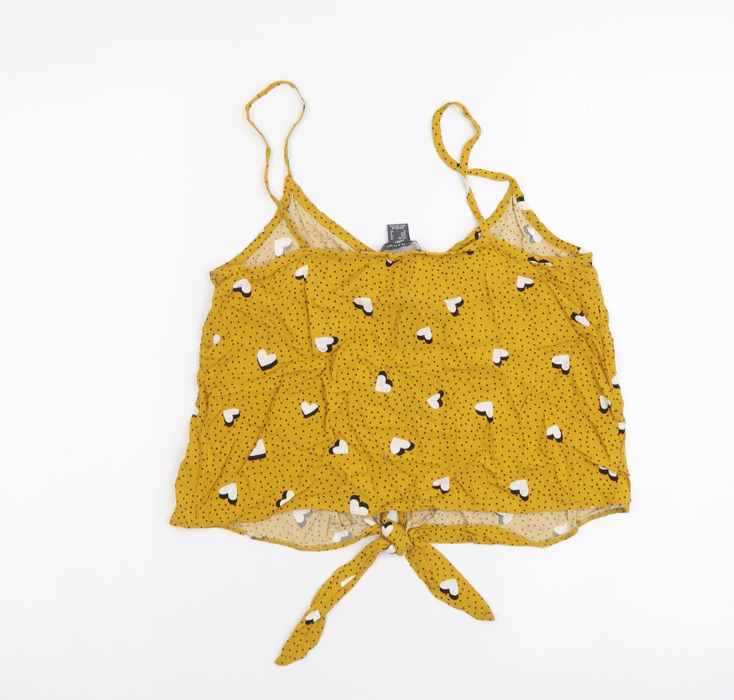 Primark Womens Yellow Geometric Viscose Cropped Button-Up Size 10 V-Neck - Hearts