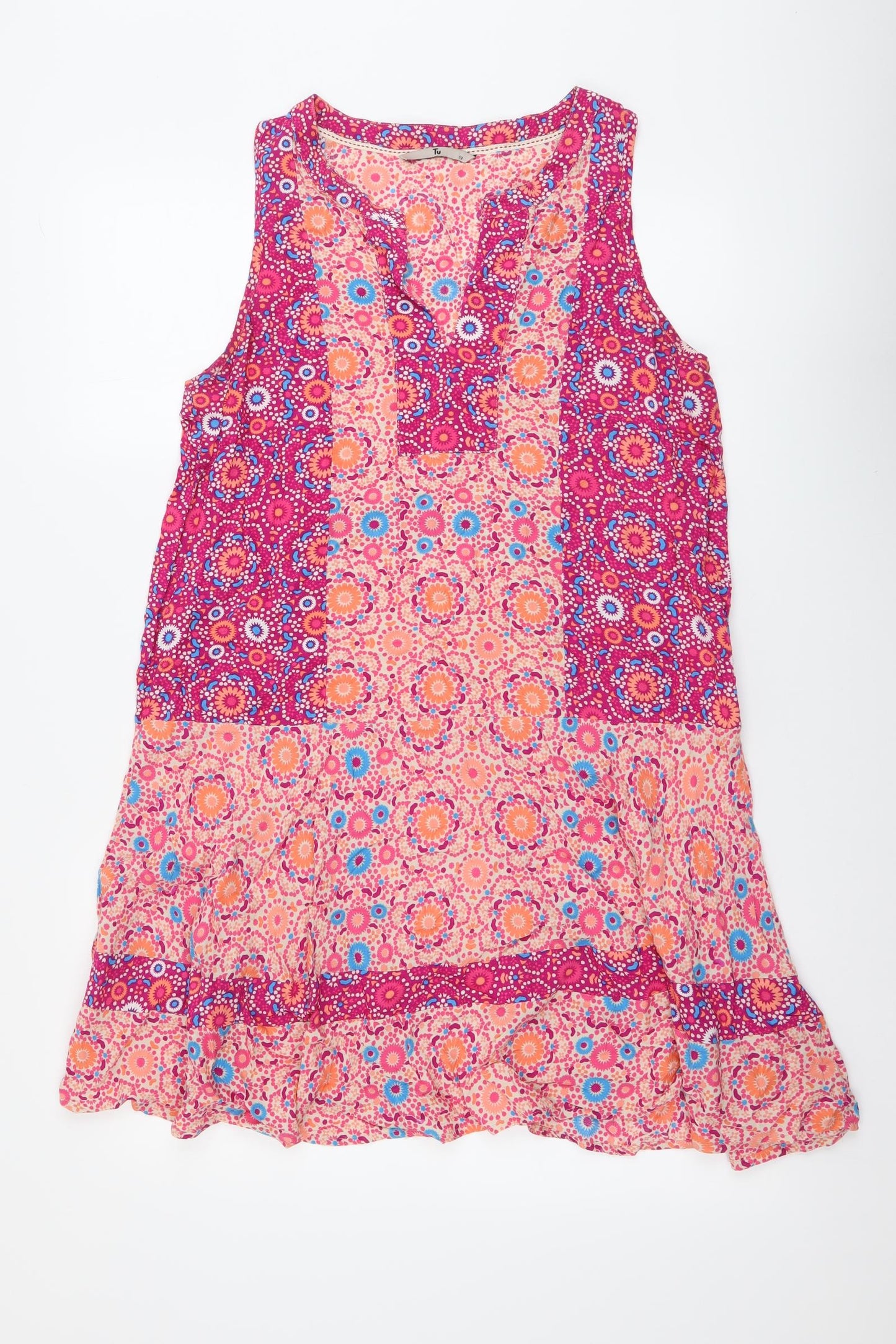 TU Womens Pink Geometric Viscose A-Line Size 12 V-Neck Pullover - Floral