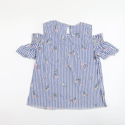 Papaya Womens Blue Striped Cotton Basic Blouse Size 10 Round Neck - Cold Shoulder Flower Detail