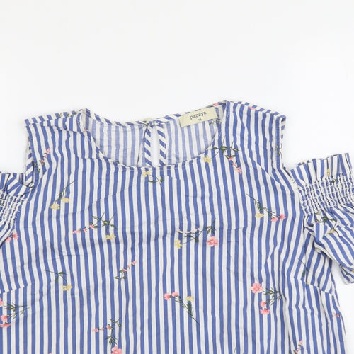 Papaya Womens Blue Striped Cotton Basic Blouse Size 10 Round Neck - Cold Shoulder Flower Detail