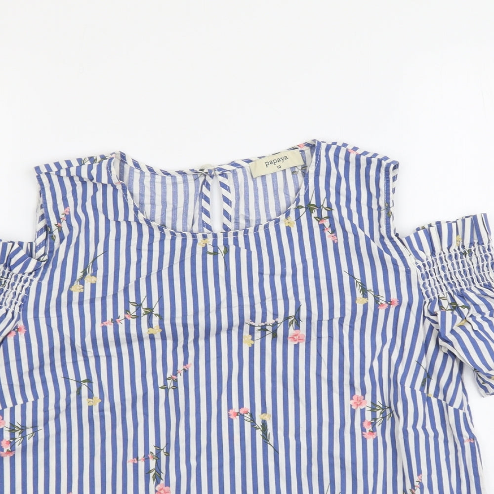 Papaya Womens Blue Striped Cotton Basic Blouse Size 10 Round Neck - Cold Shoulder Flower Detail