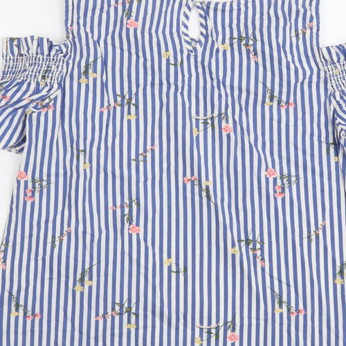 Papaya Womens Blue Striped Cotton Basic Blouse Size 10 Round Neck - Cold Shoulder Flower Detail