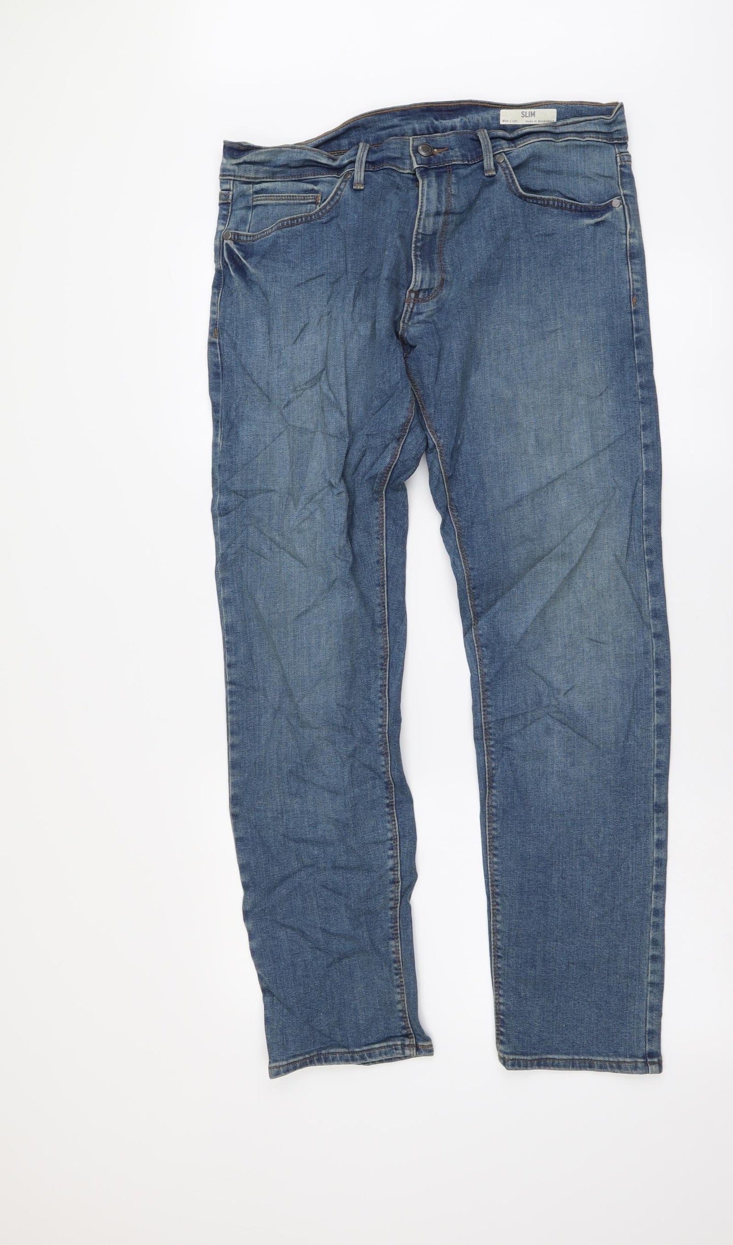 Marks and Spencer Mens Blue Cotton Skinny Jeans Size 34 in L31 in Regular Button