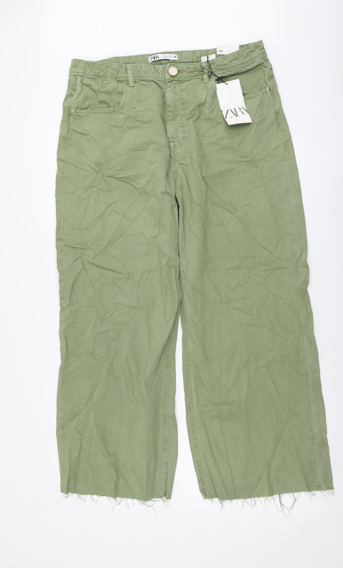 Zara Womens Green Cotton Wide-Leg Jeans Size 18 L27 in Regular Button