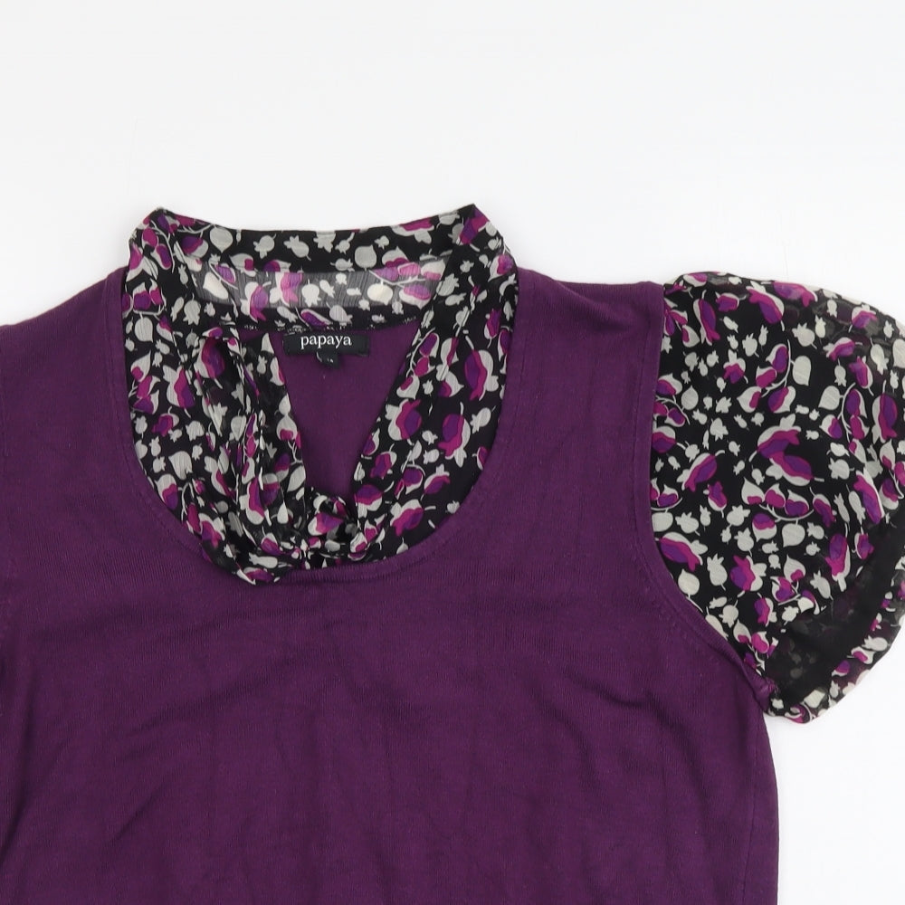 Papaya Womens Purple V-Neck Geometric Viscose Pullover Jumper Size 14