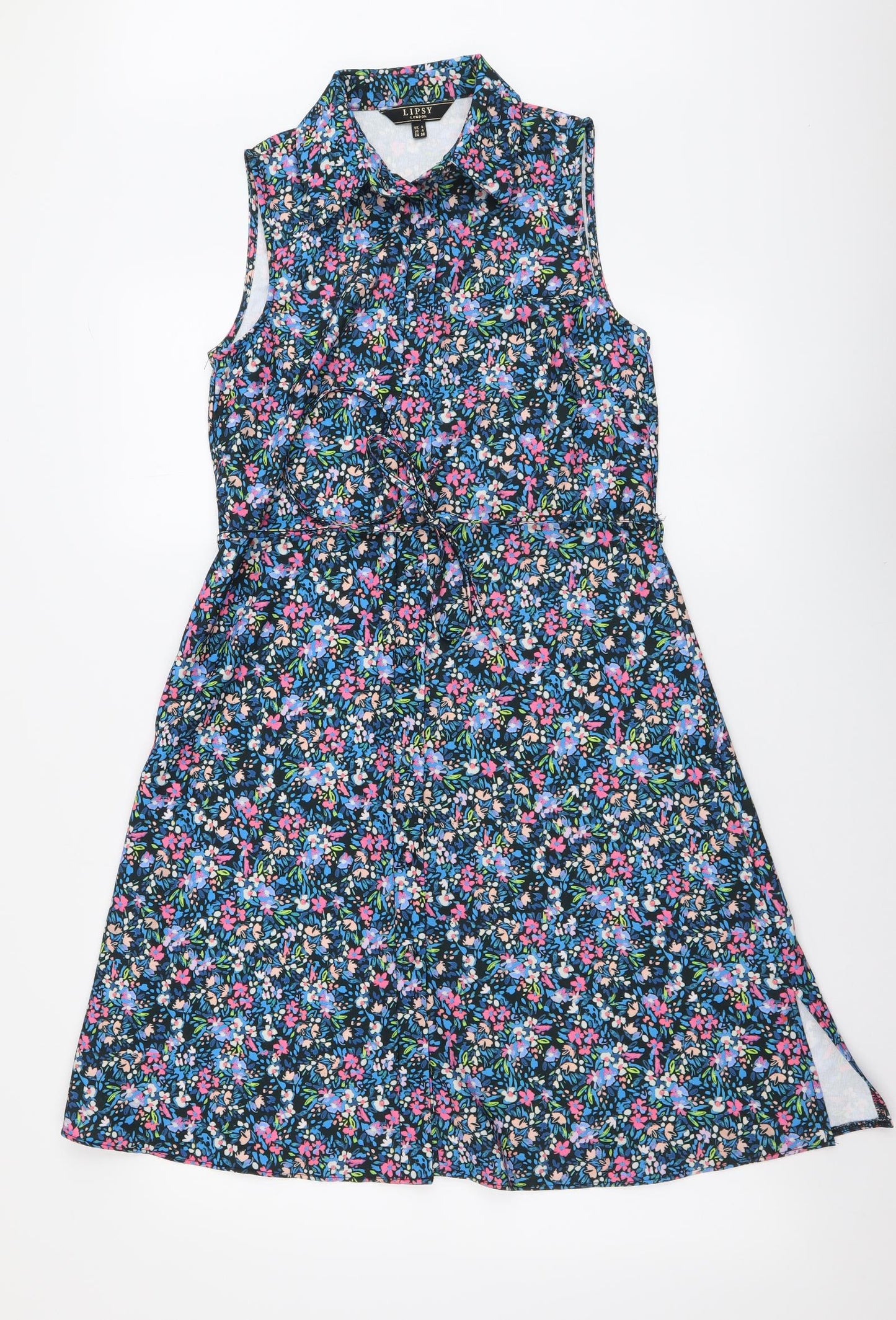Lipsy Womens Blue Floral Polyester Shirt Dress Size 8 Collared Button