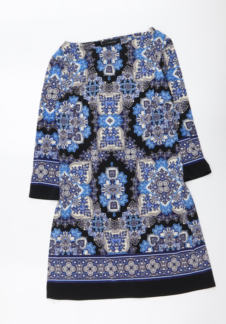 Atmosphere Womens Blue Geometric Polyester Mini Size 8 Boat Neck Pullover