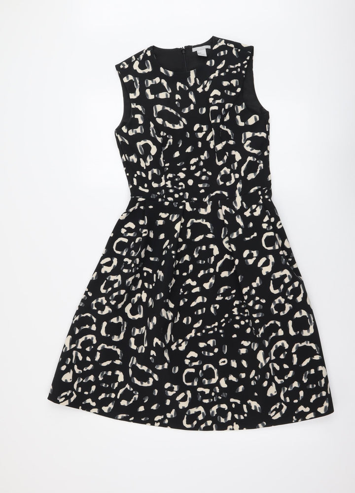 H&M Womens Black Animal Print Polyester A-Line Size S Round Neck Zip - Leopard skin pattern