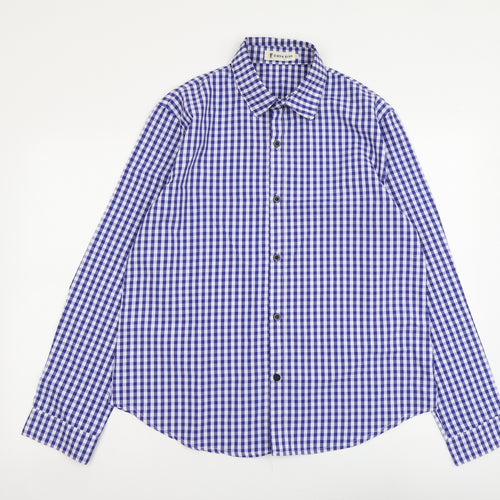O-Riya Xuan Mens Blue Check Polyester Button-Up Size XL Collared Button