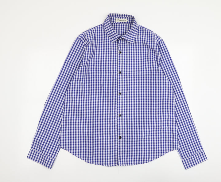 O-Riya Xuan Mens Blue Check Polyester Button-Up Size XL Collared Button