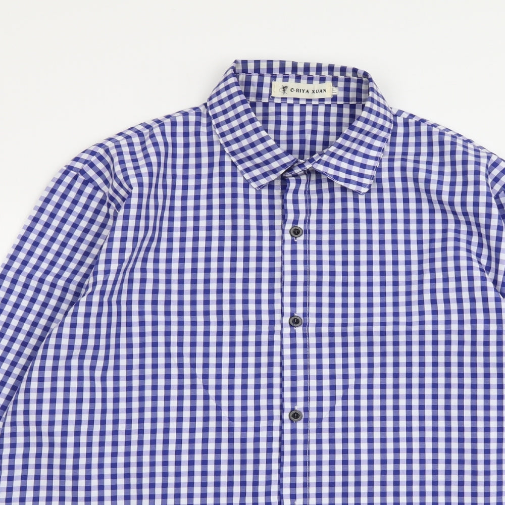 O-Riya Xuan Mens Blue Check Polyester Button-Up Size XL Collared Button