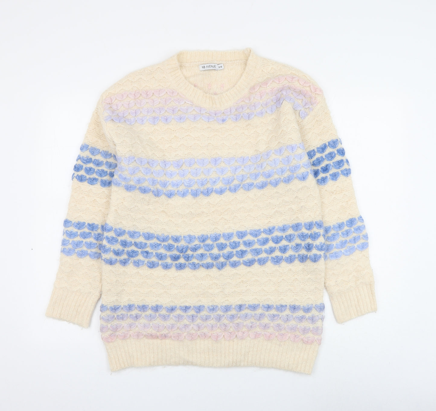 NB Avenue Womens Ivory Round Neck Striped Acrylic Pullover Jumper One Size