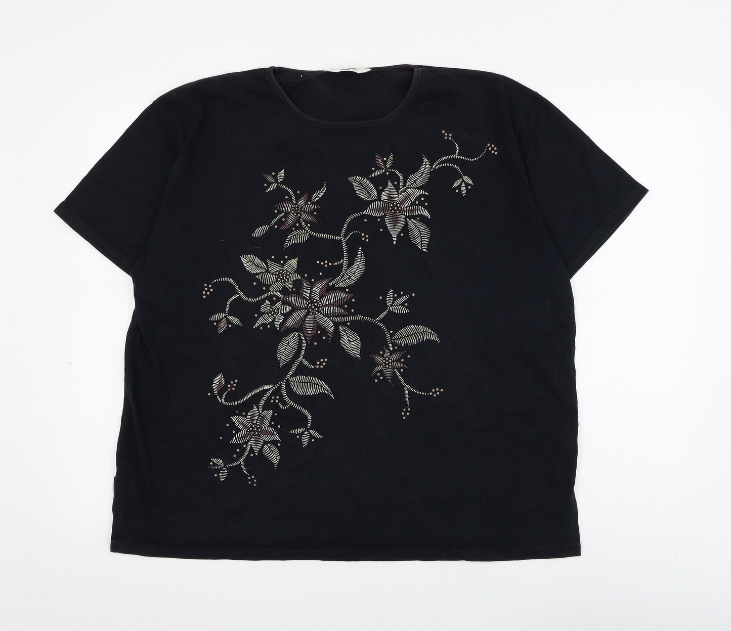 ELVI Womens Black Floral Cotton Basic T-Shirt Size S Round Neck