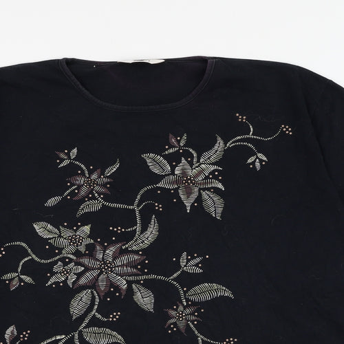 ELVI Womens Black Floral Cotton Basic T-Shirt Size S Round Neck