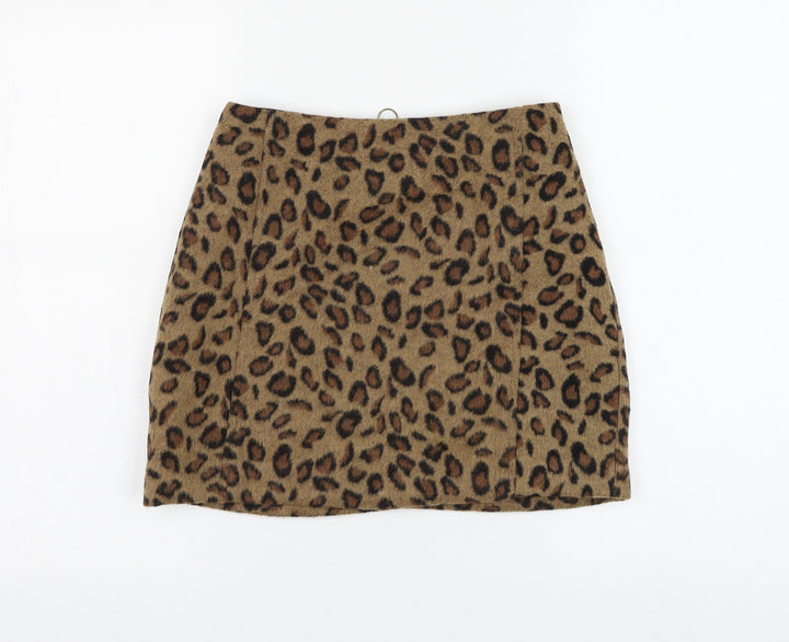 Topshop Womens Brown Animal Print Polyester Mini Skirt Size 8 Zip