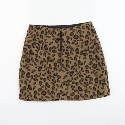Topshop Womens Brown Animal Print Polyester Mini Skirt Size 8 Zip