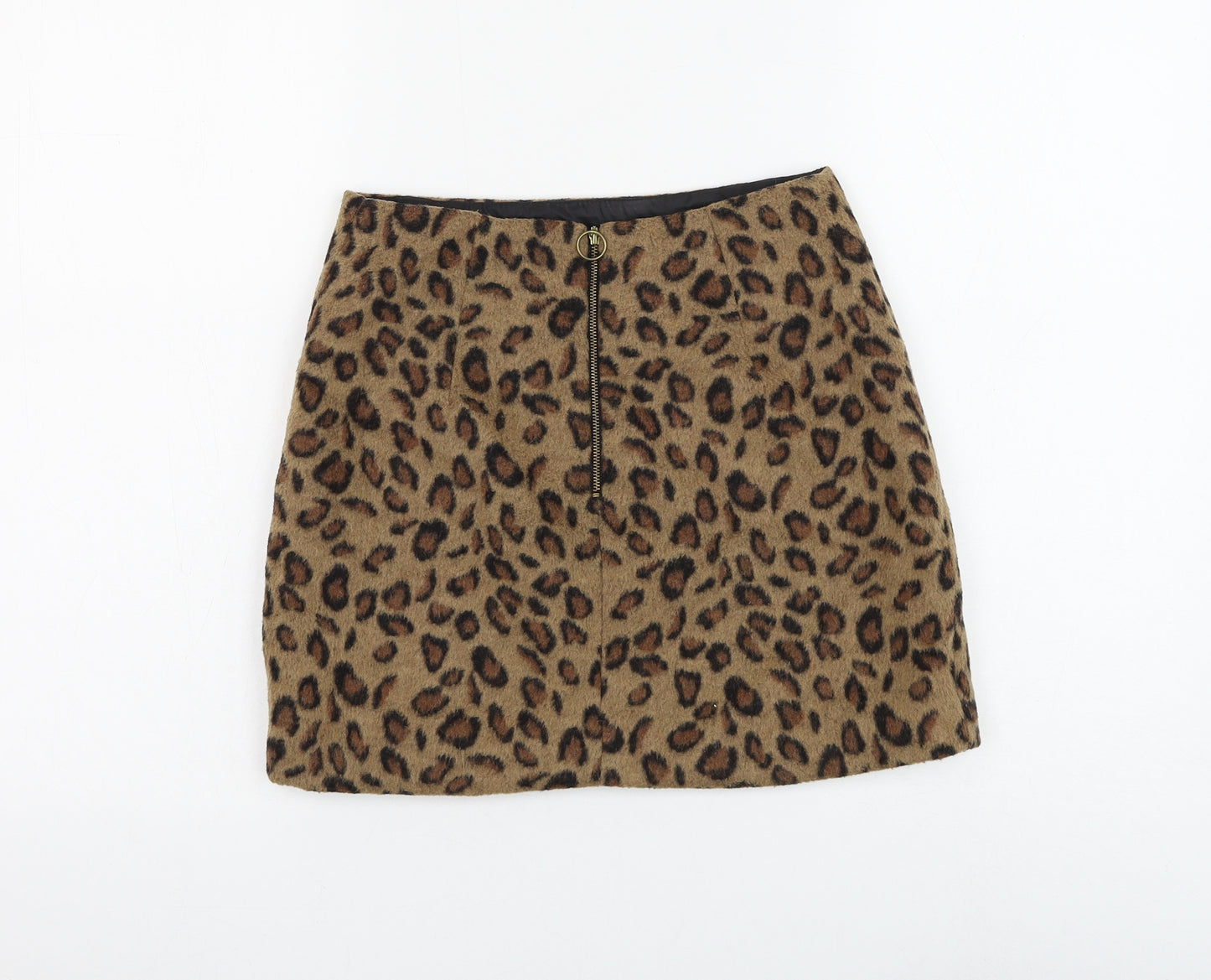 Topshop Womens Brown Animal Print Polyester Mini Skirt Size 8 Zip