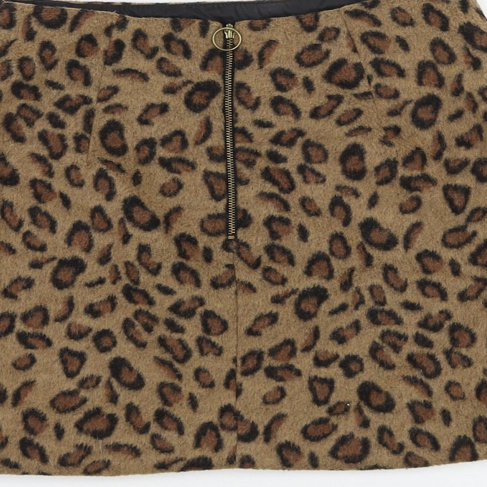 Topshop Womens Brown Animal Print Polyester Mini Skirt Size 8 Zip