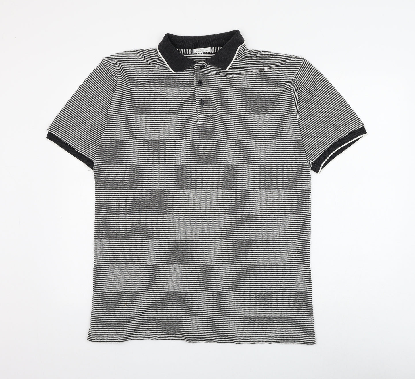 Marks and Spencer Mens Black Striped Cotton Polo Size M Collared Button