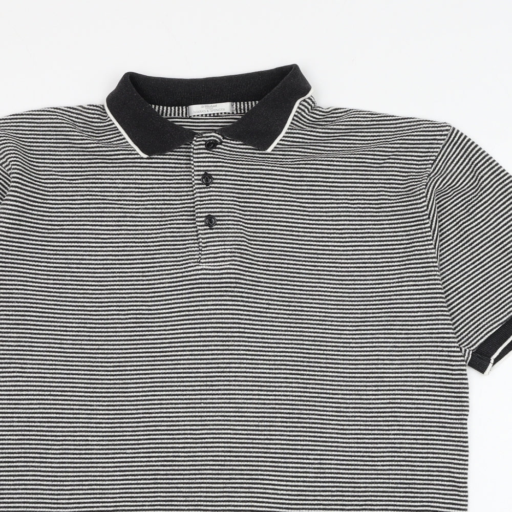 Marks and Spencer Mens Black Striped Cotton Polo Size M Collared Button