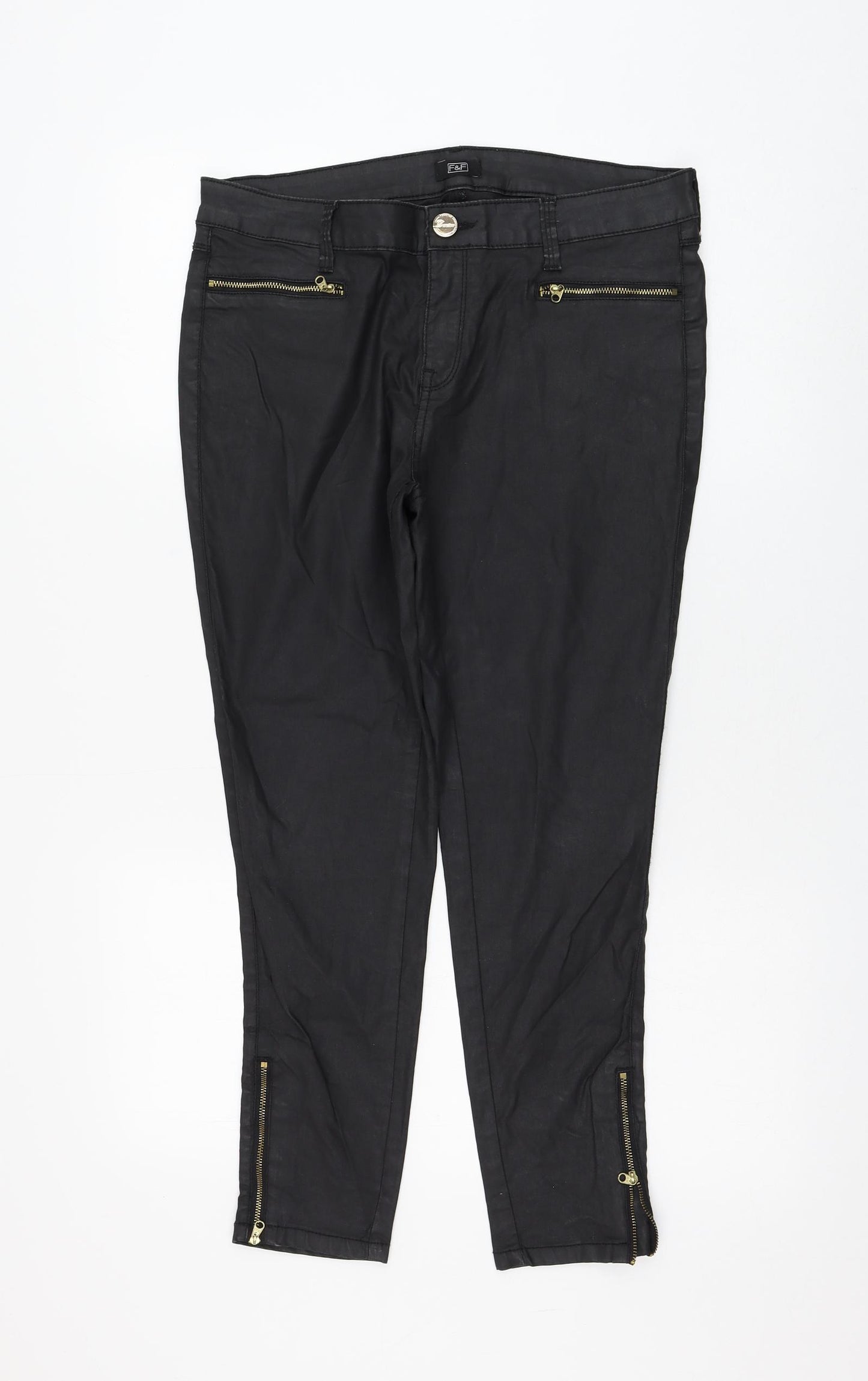 F&F Womens Black Cotton Trousers Size 12 L25 in Regular Zip