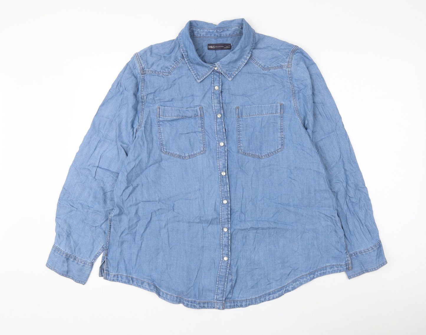 Marks and Spencer Womens Blue Lyocell Basic Button-Up Size 16 Collared