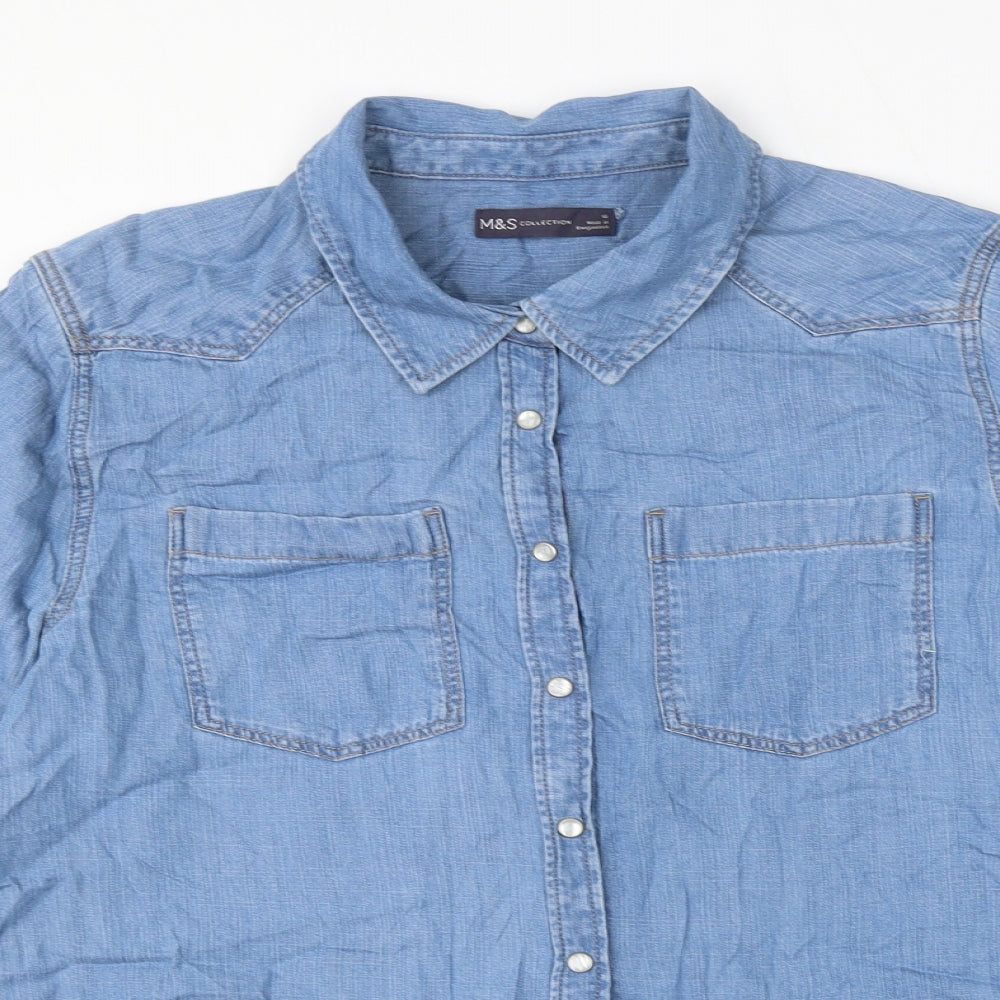 Marks and Spencer Womens Blue Lyocell Basic Button-Up Size 16 Collared