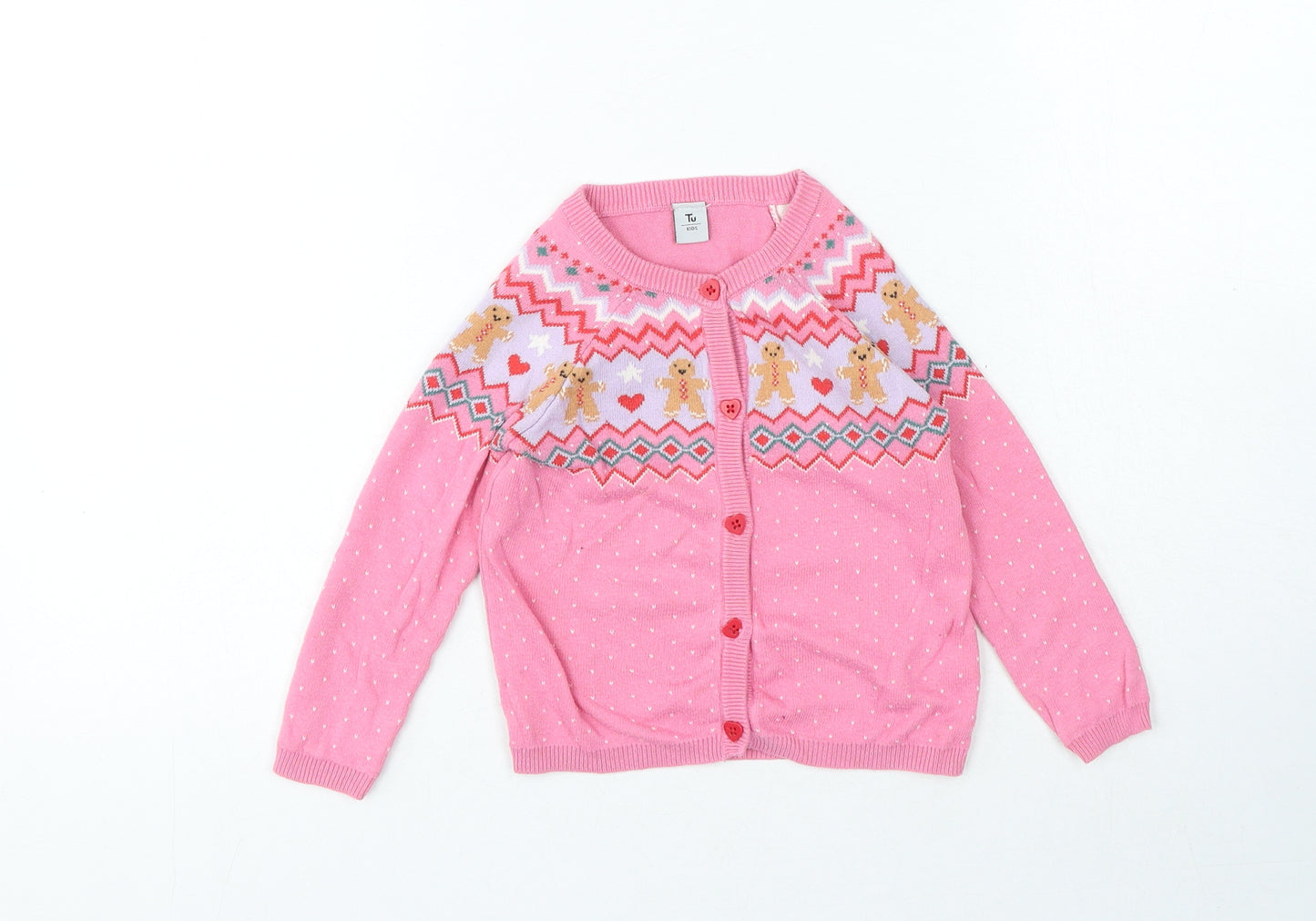 TU Girls Pink Geometric 100% Cotton Cardigan Jumper Size 12-18 Months Button - Christmas Jumper
