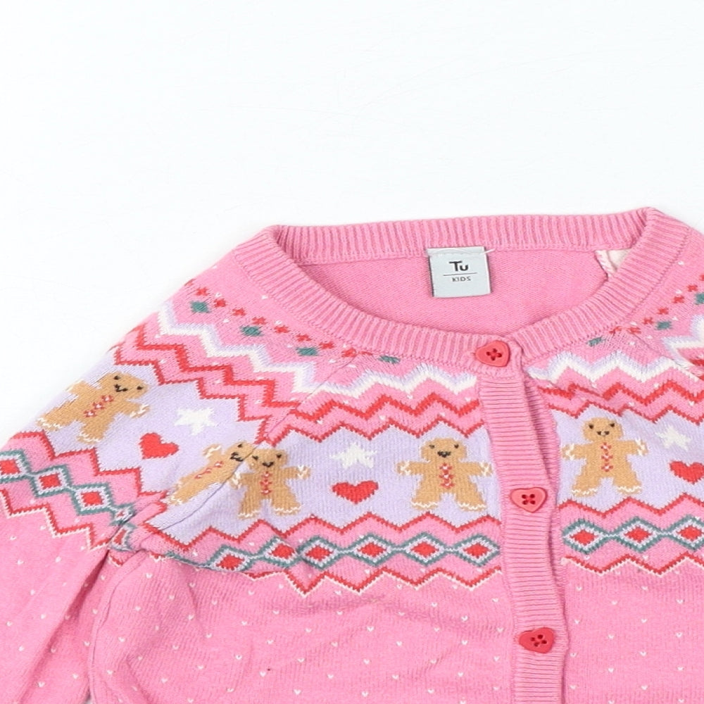 TU Girls Pink Geometric 100% Cotton Cardigan Jumper Size 12-18 Months Button - Christmas Jumper