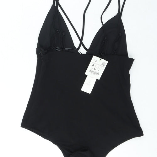 Zara Womens Black Polyester Bodysuit One-Piece Size S Zip