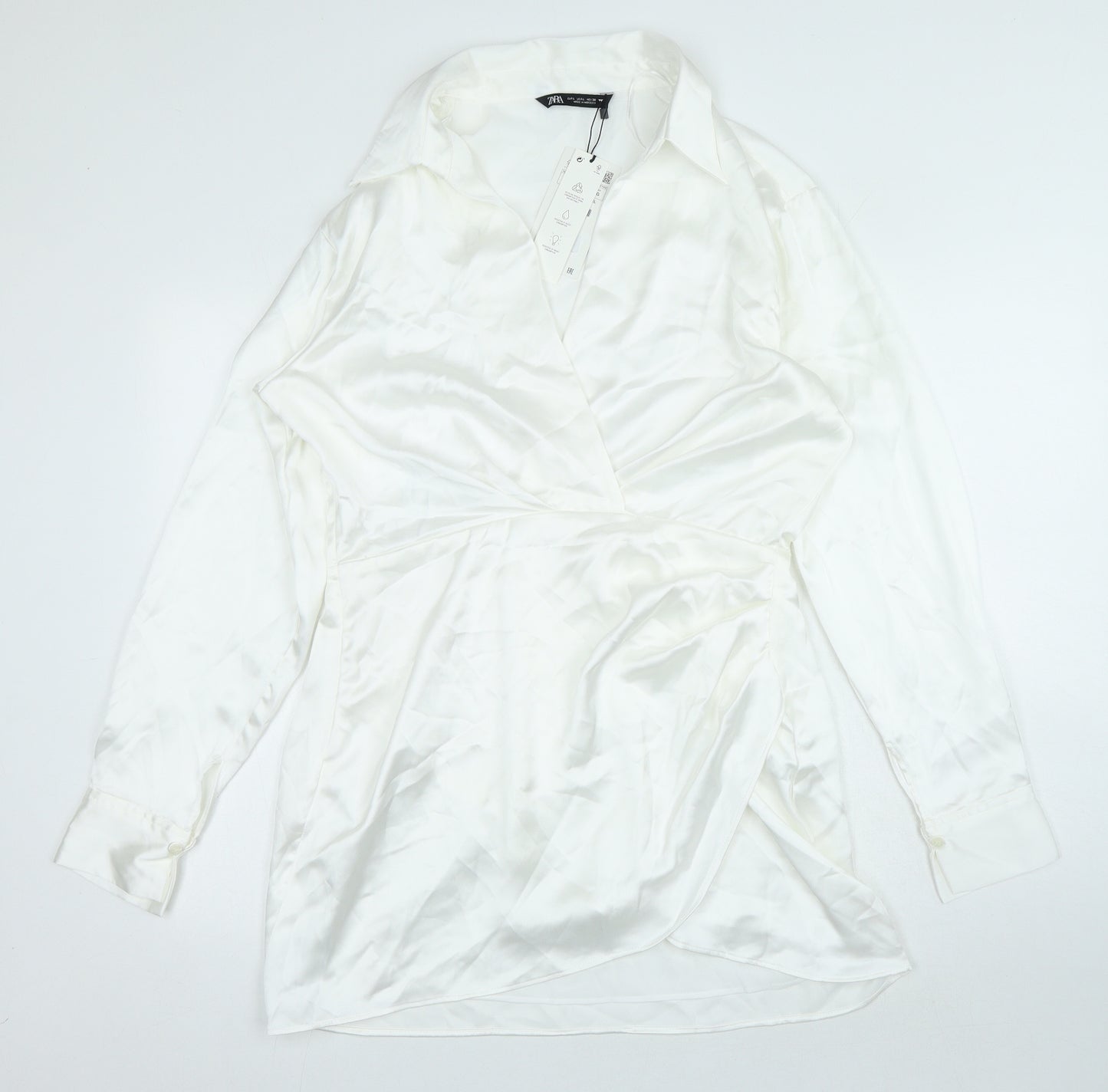 Zara Womens White Polyester Shirt Dress Size L V-Neck Zip