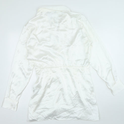 Zara Womens White Polyester Shirt Dress Size L V-Neck Zip