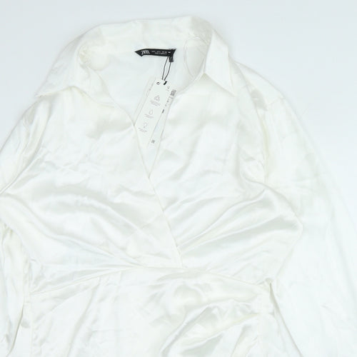 Zara Womens White Polyester Shirt Dress Size L V-Neck Zip