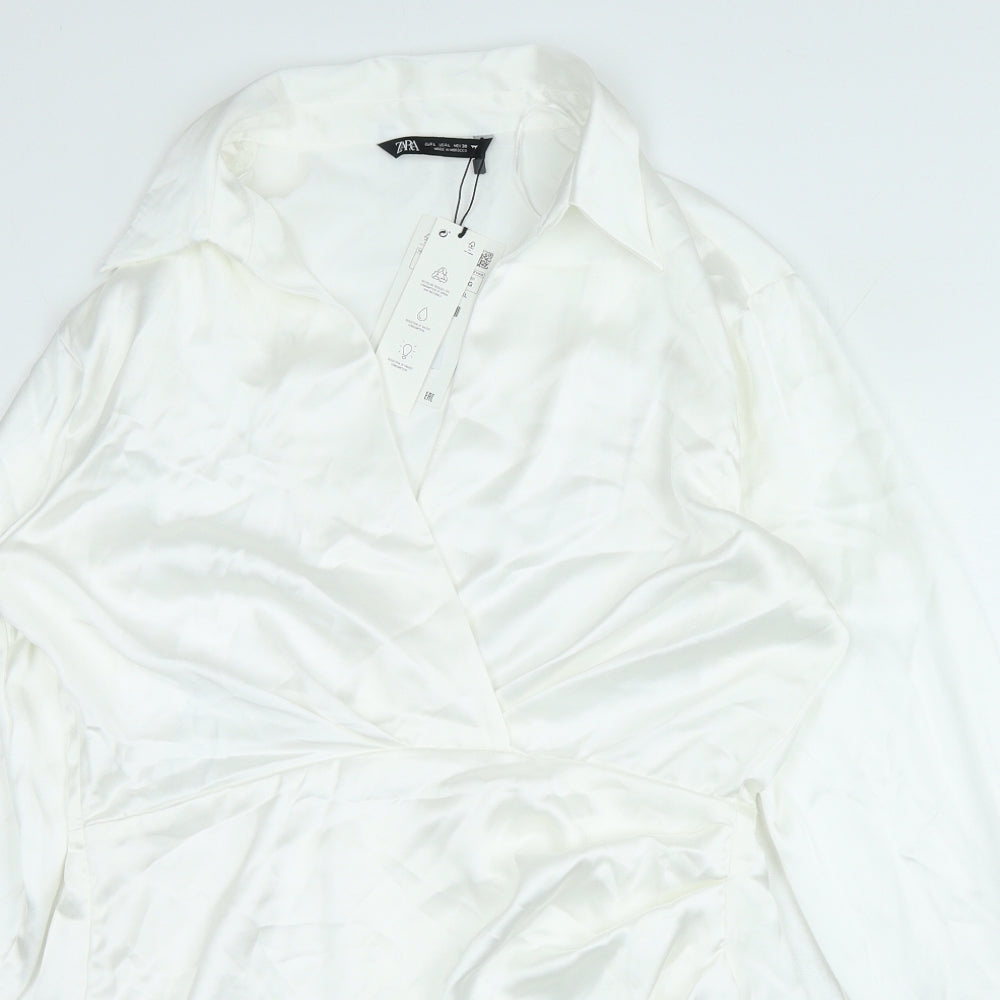Zara Womens White Polyester Shirt Dress Size L V-Neck Zip
