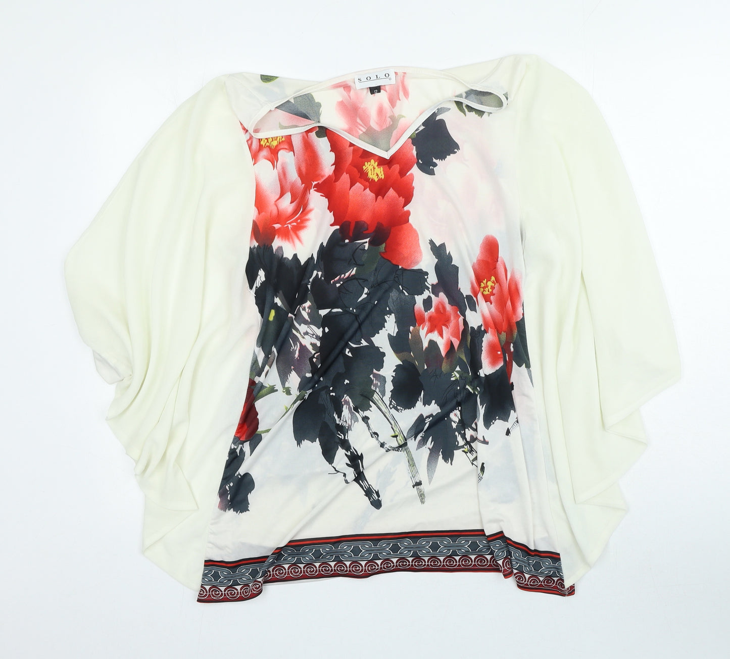 Solo Womens Ivory Floral Polyester Basic Blouse Size 12 V-Neck