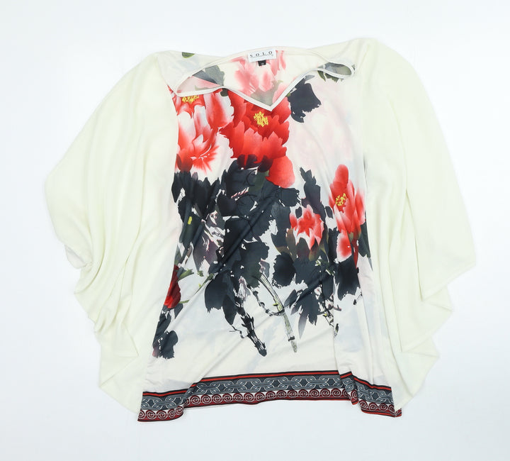 Solo Womens Ivory Floral Polyester Basic Blouse Size 12 V-Neck