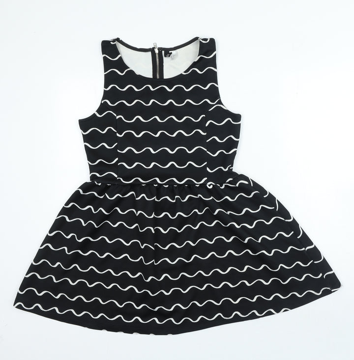 Divided Womens Black Geometric Polyester A-Line Size M Boat Neck Zip