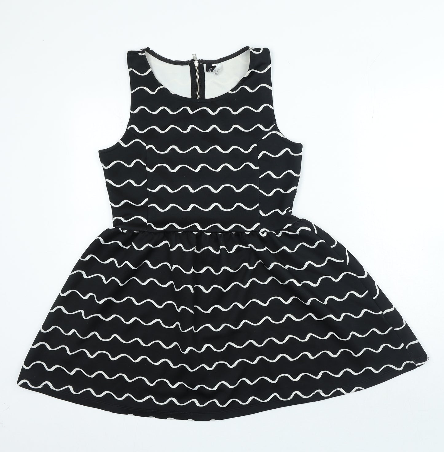 Divided Womens Black Geometric Polyester A-Line Size M Boat Neck Zip