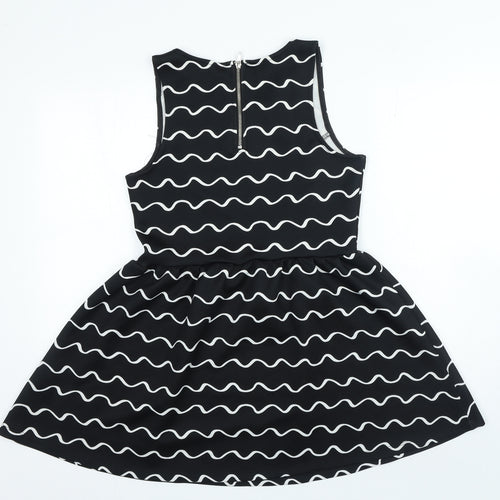 Divided Womens Black Geometric Polyester A-Line Size M Boat Neck Zip