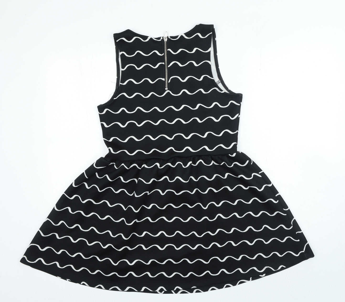 Divided Womens Black Geometric Polyester A-Line Size M Boat Neck Zip