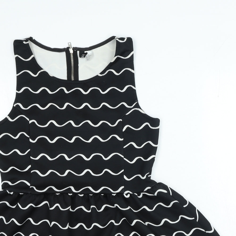 Divided Womens Black Geometric Polyester A-Line Size M Boat Neck Zip