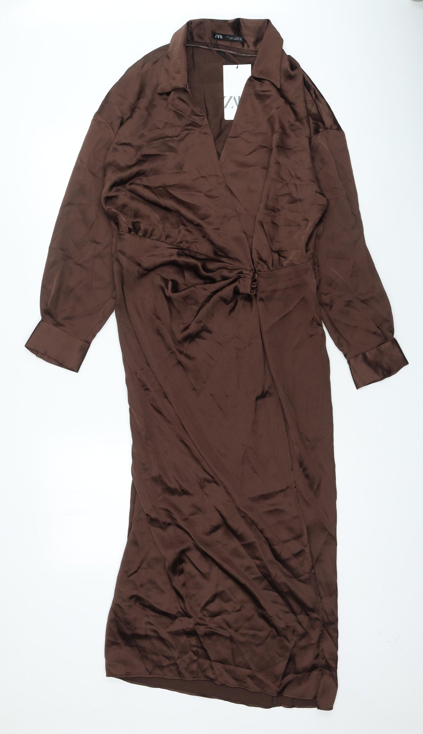 Zara Womens Brown Viscose Wrap Dress Size L V-Neck Hook & Loop