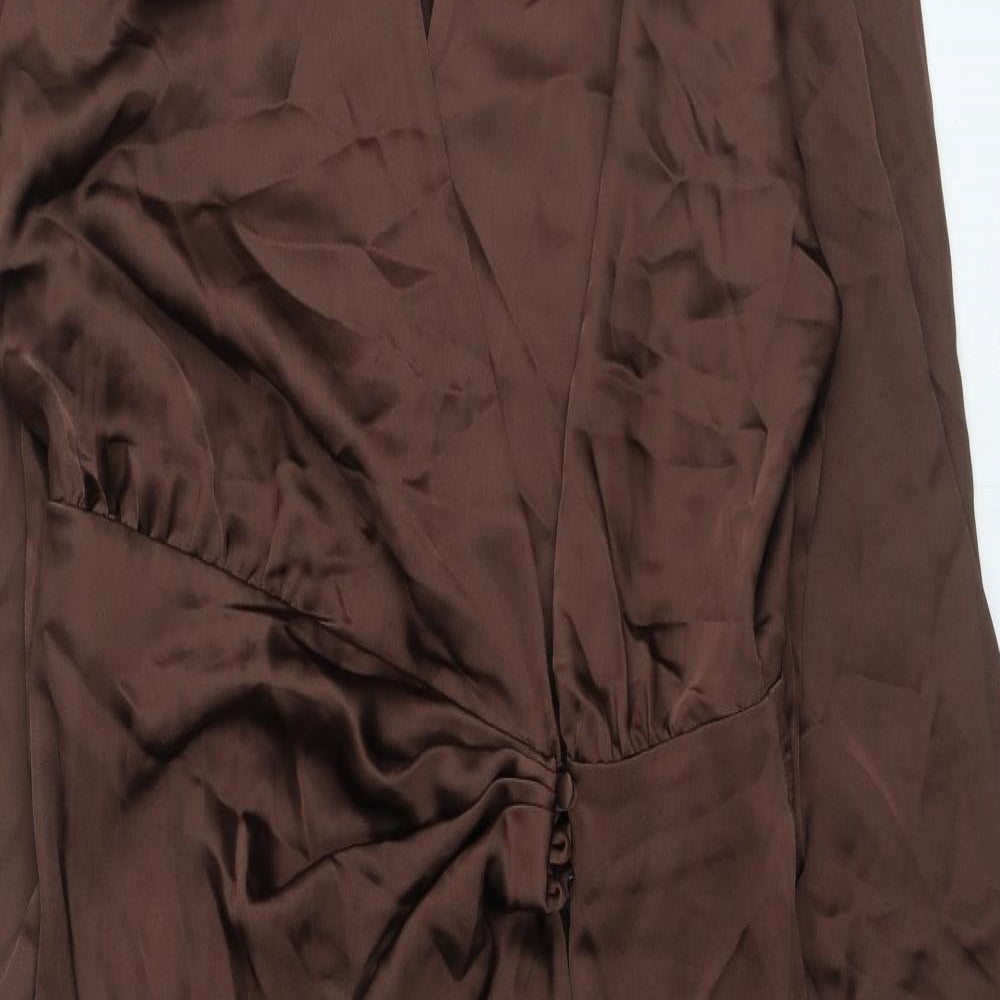 Zara Womens Brown Viscose Wrap Dress Size L V-Neck Hook & Loop