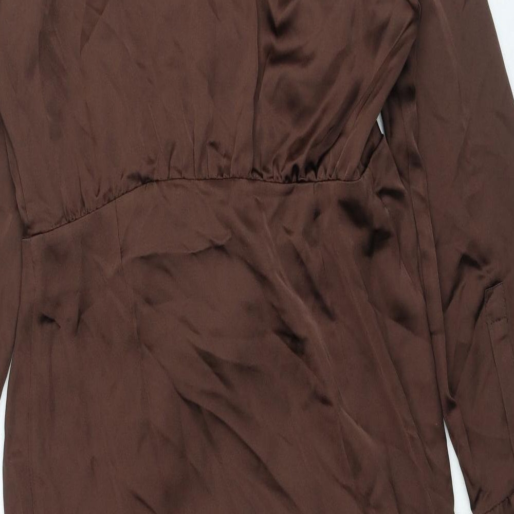 Zara Womens Brown Viscose Wrap Dress Size L V-Neck Hook & Loop