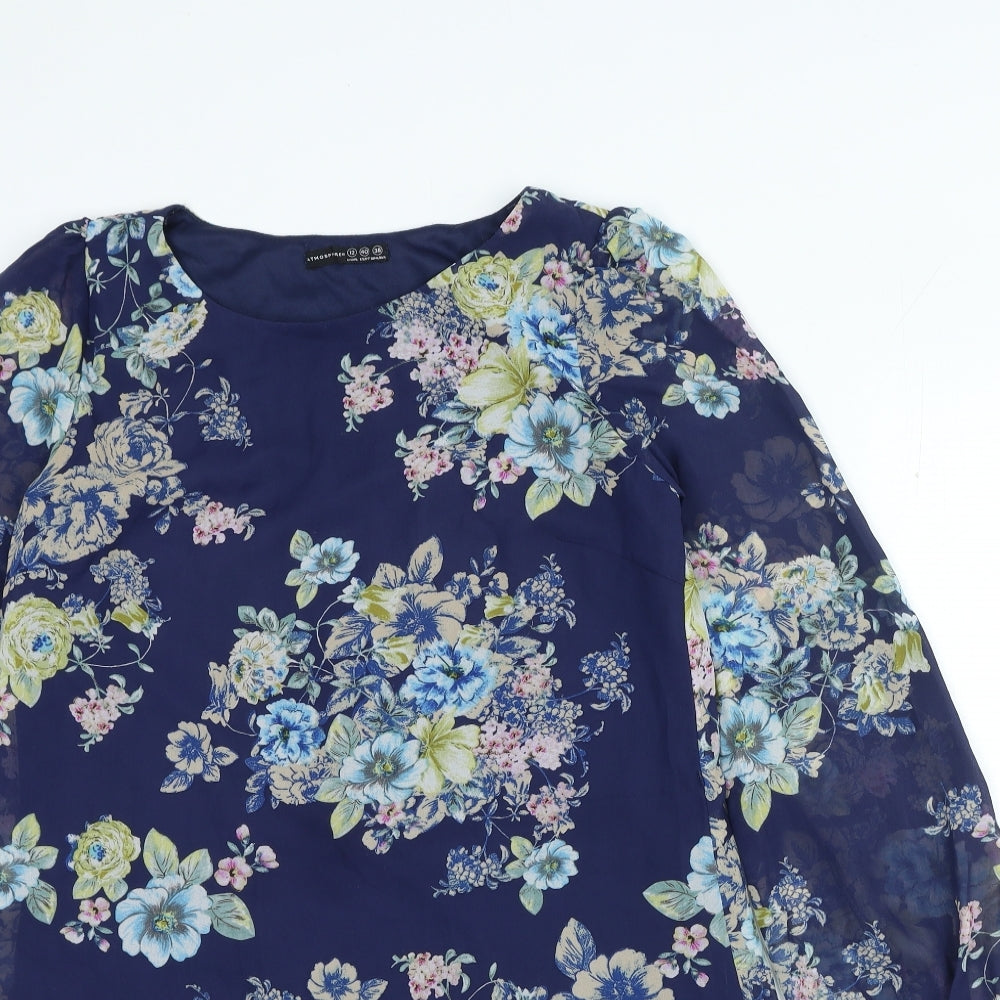 Atmosphere Womens Blue Floral Polyester A-Line Size 12 Round Neck Pullover