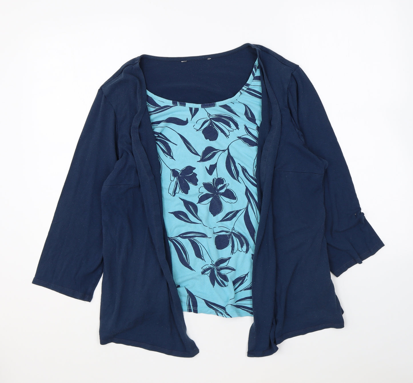 Preworn Womens Blue Floral Viscose Basic Blouse Size 24 Round Neck