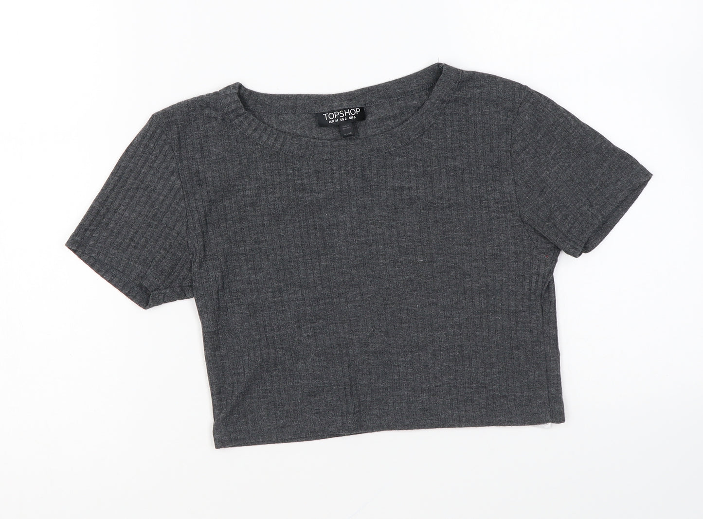 Topshop Womens Grey Polyester Cropped T-Shirt Size 6 Round Neck